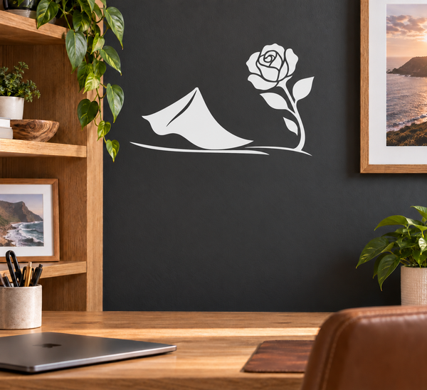 Vinyl wall decal of bullfighter cape with rose and ribbon, white design
