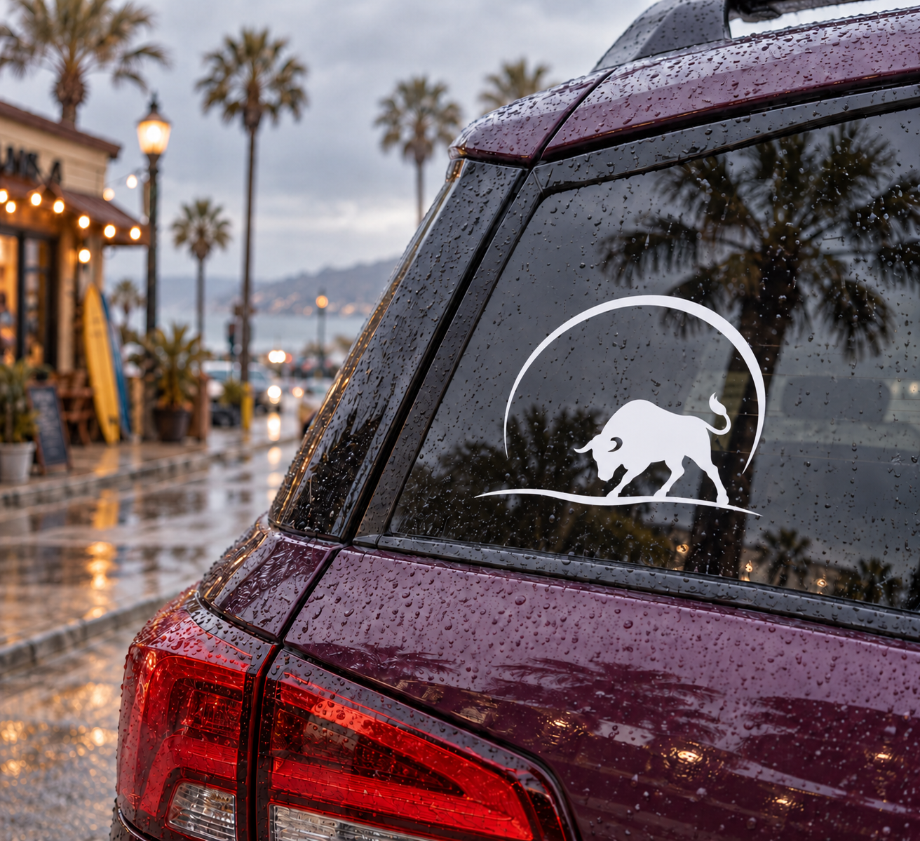Vinyl car door decal: black bull silhouette in white circle