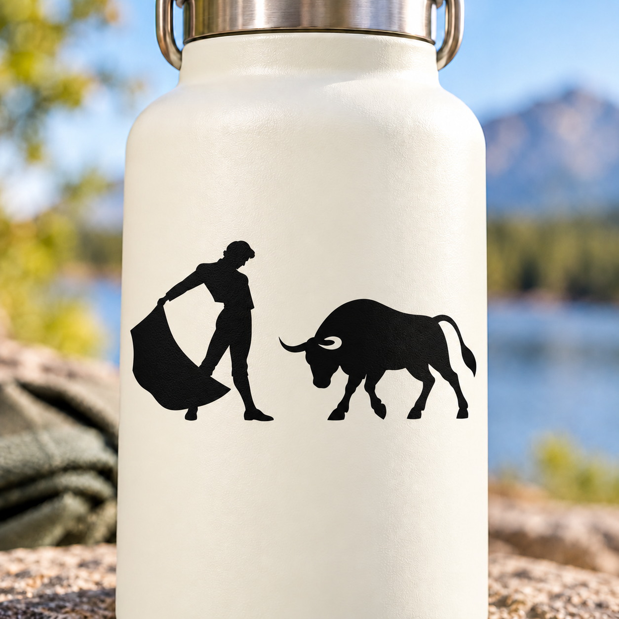 Black bullfighter and bull vinyl decal on light bottle