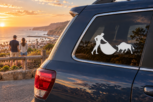 Bullfighter cape vinyl decal on car window, black bullfighter silhouette with bull