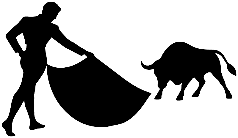 Bullfighter cape vinyl decal, black silhouette of bullfighter, cape, and charging bull