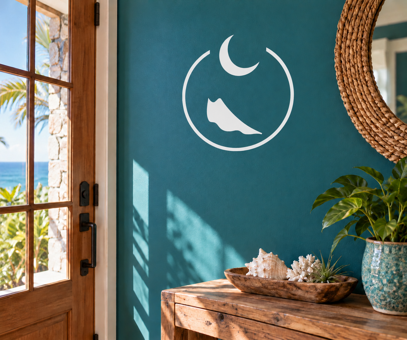 White circular bullfighter vinyl decal with crescent and bull face, on teal wall