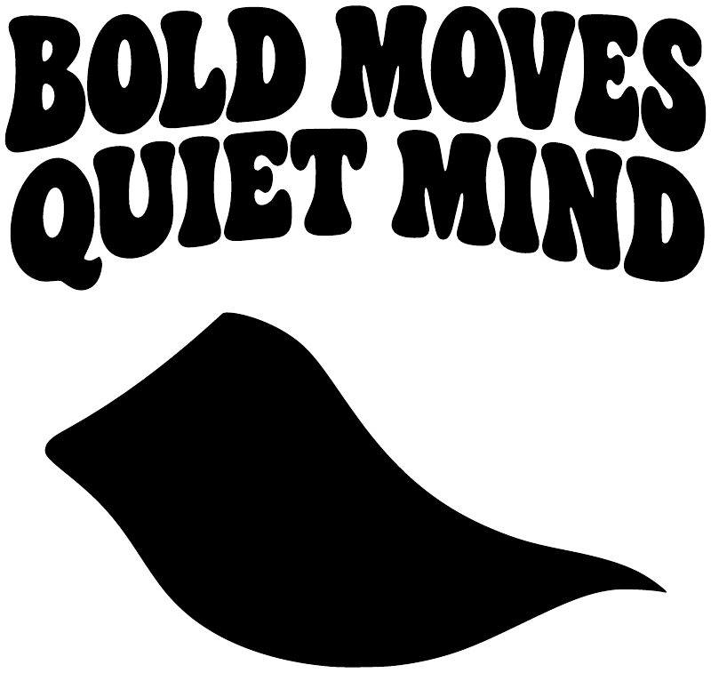 Vinyl decal close-up: black “Bold Moves Quiet Mind” text with bull silhouette