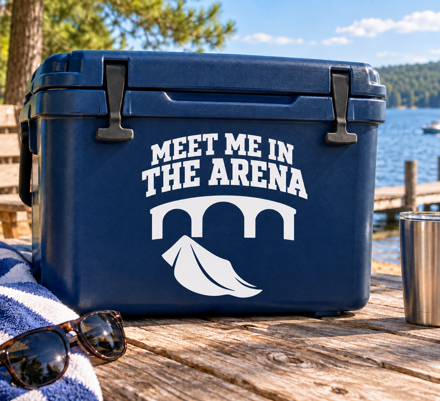 Vinyl decal with “Meet Me in the Arena” text and bullfighter silhouette under arch