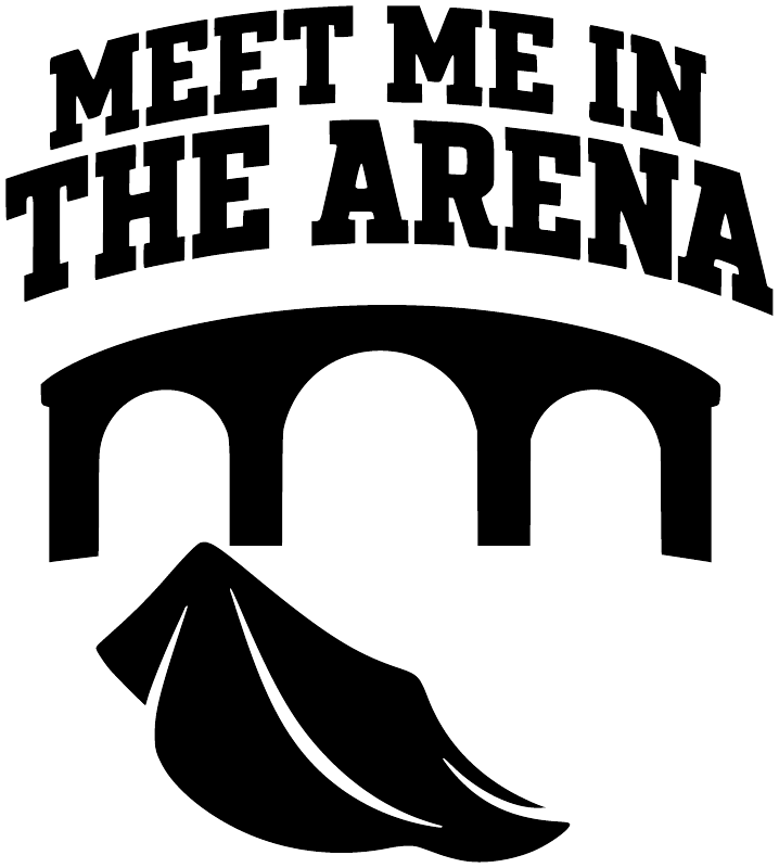 Close-up vinyl decal: bold “MEET ME IN THE ARENA” letters with arch and bullfighter