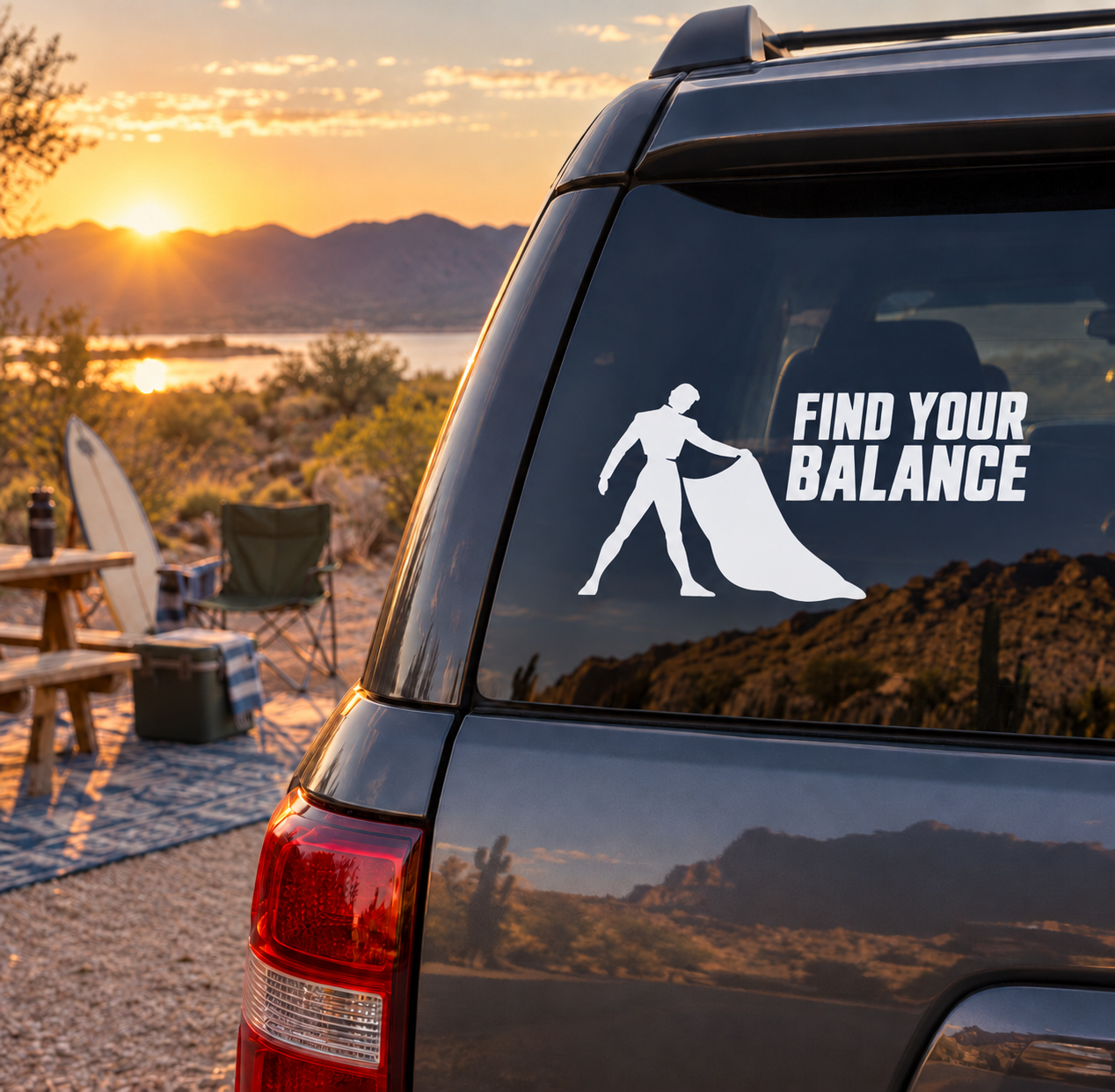 Car window vinyl decal with balancing figure silhouette and 'Find Your Balance' text