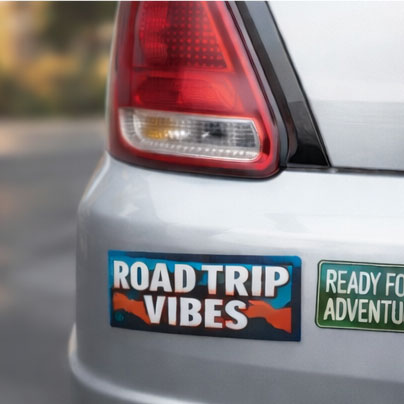 Car bumper stickers: “Roadtrip Vibes” and “Ready for Adventure” text
