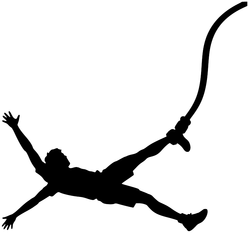 Bungee jumper vinyl decal silhouette with rope and outstretched arms, dark color