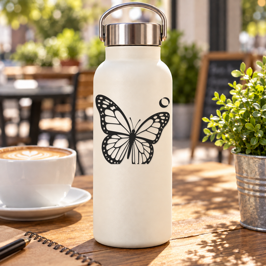 Vinyl butterfly wall decal with black monarch wings and small crescent moon accent
