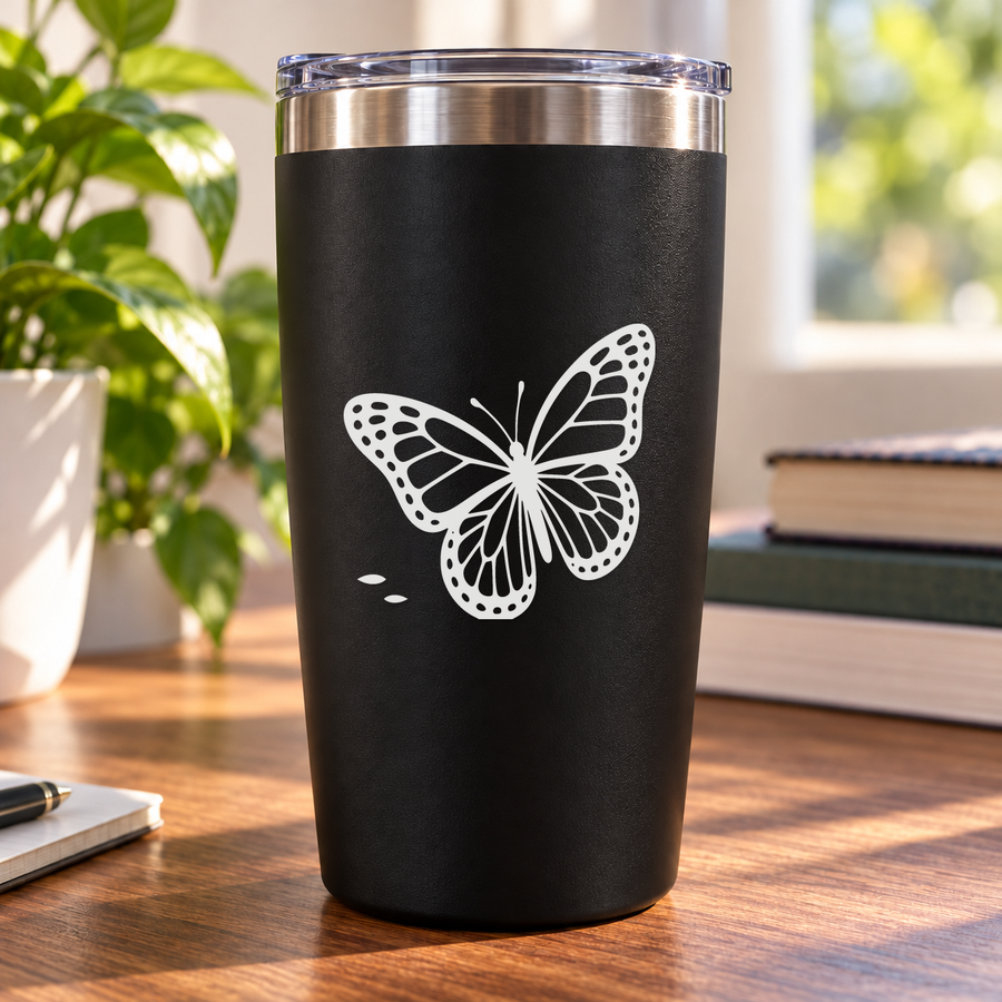 Black tumbler with mirrored butterfly vinyl decal in white wing pattern