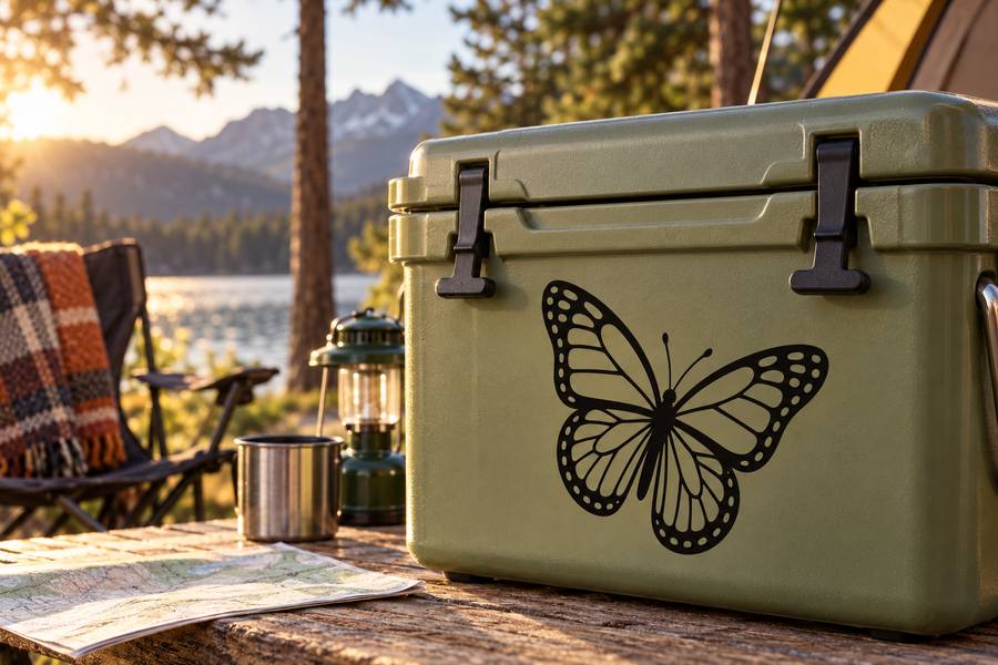 Butterfly vinyl decal showing a black-outlined monarch butterfly on a green container