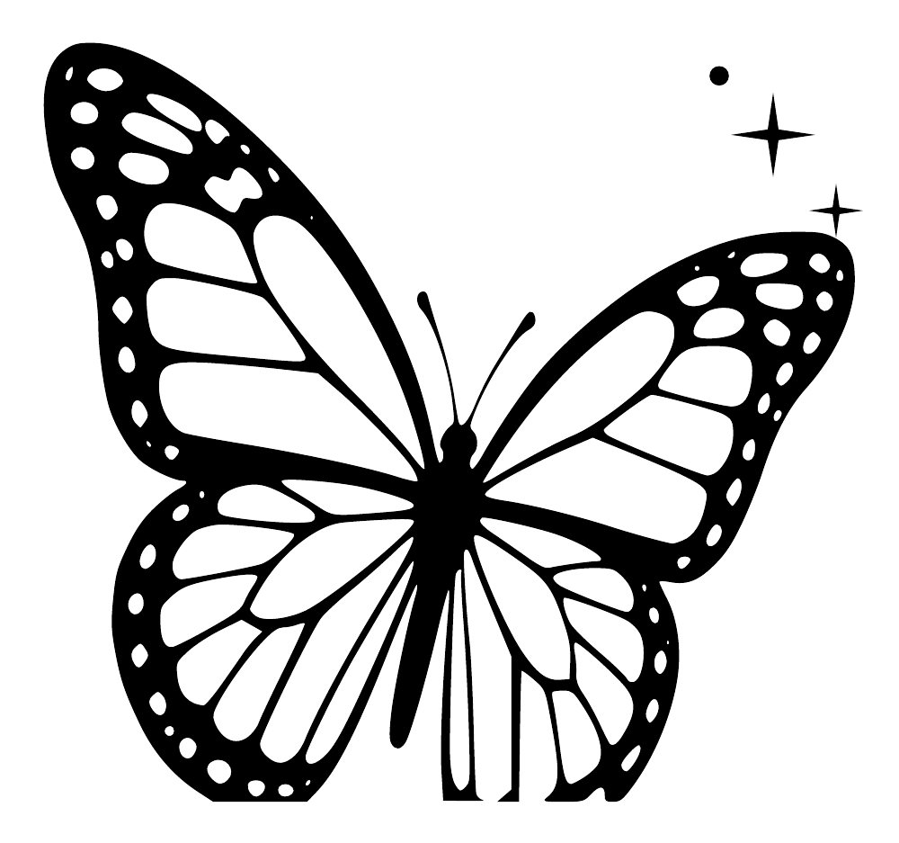 Black and white butterfly wall decal with constellation-style star sparkles and spotted borders
