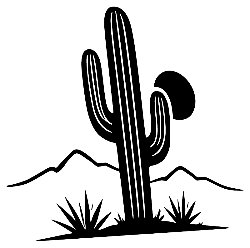 Cactus vinyl decal graphic with moon, desert ridge, and spiky desert plants in black