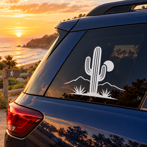 Cactus vinyl decal for car window: saguaro cactus with moon over desert mountains
