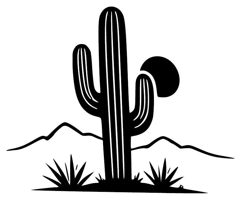 Black cactus vinyl decal with moon, saguaro, desert plants and mountain horizon