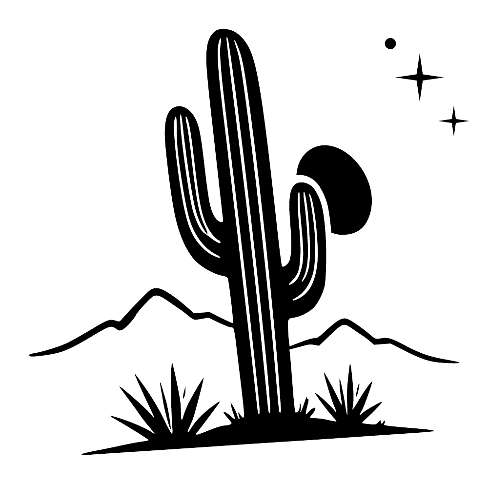 Black cactus wall decal with desert ridge, moon, and star sparkles on white background