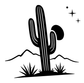 Black cactus wall decal with desert ridge, moon, and star sparkles on white background
