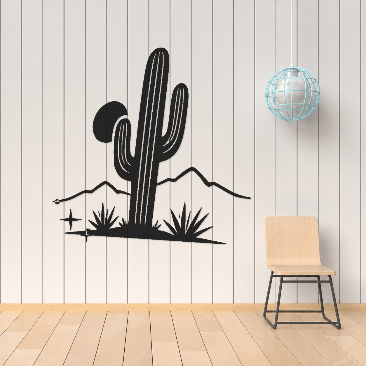 Black cactus desert wall decal with mirrored ribbed saguaro, moon, mountains, and stars