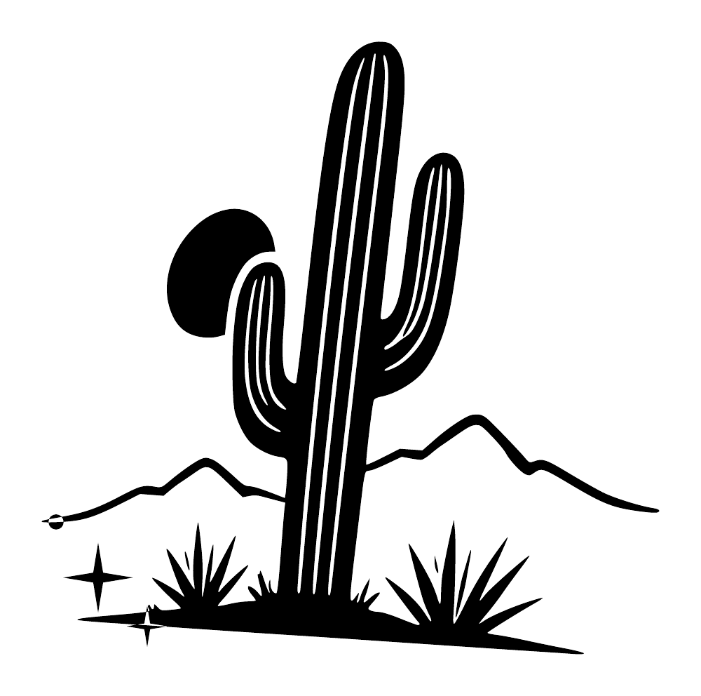 Black ribbed saguaro cactus wall decal with desert plants, mountains, and star details