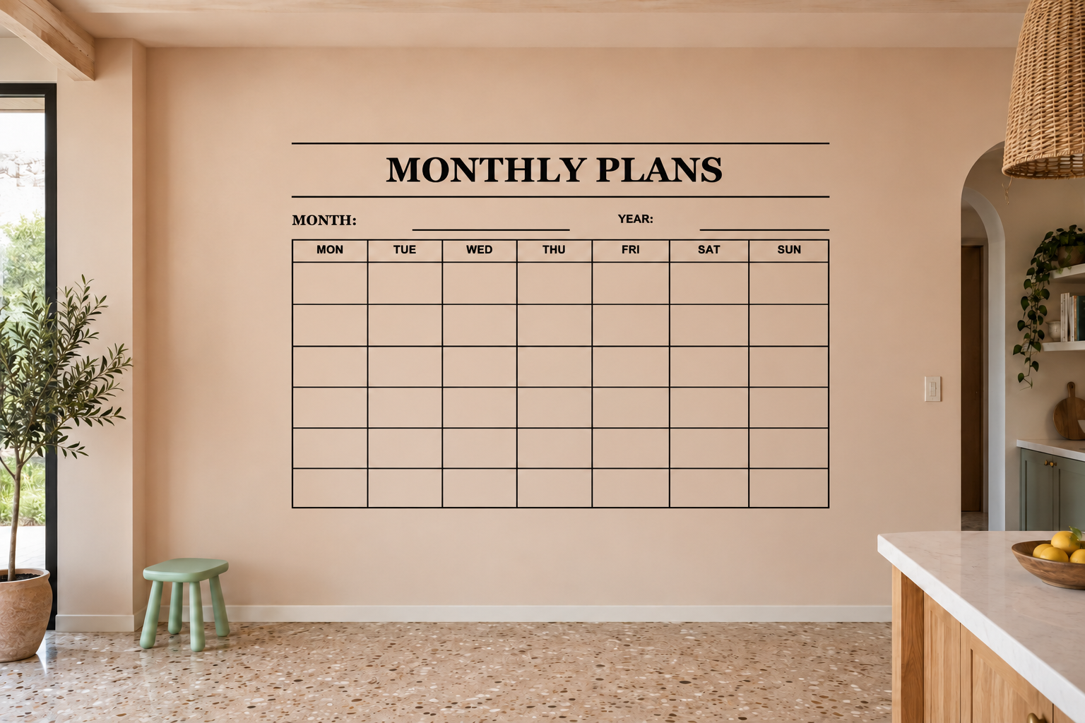 Monthly Plans vinyl decal calendar with month/year lines and blank weekly grid