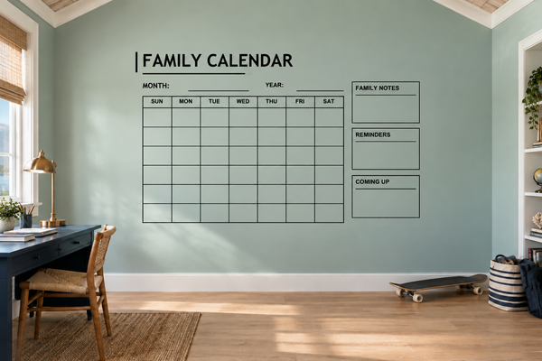 Family calendar vinyl decal with monthly grid, family notes, reminders, and coming up boxes