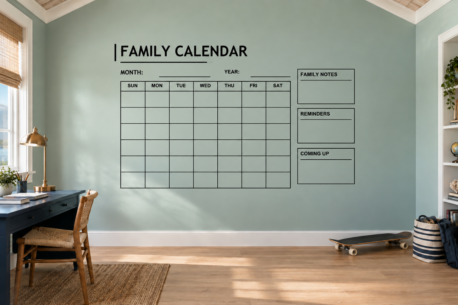 Family calendar vinyl decal with monthly grid, family notes, reminders, and coming up boxes