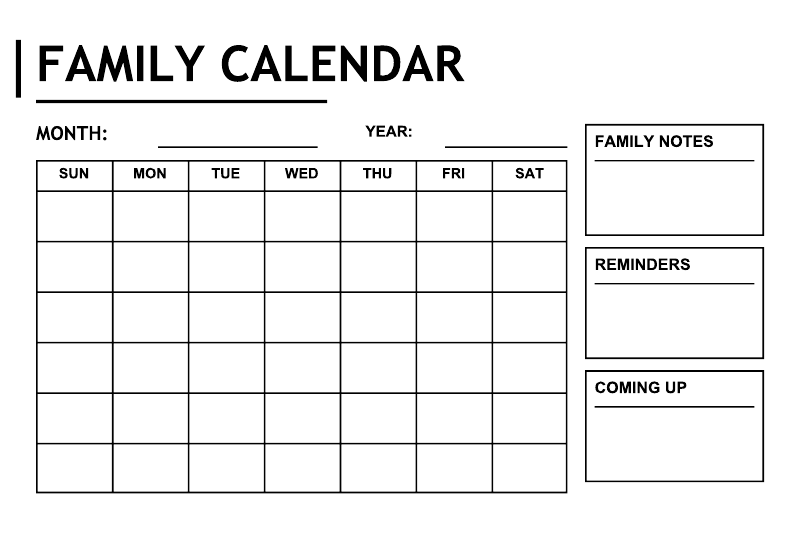 Family calendar decal featuring blank month grid plus year line and notes/reminders panels