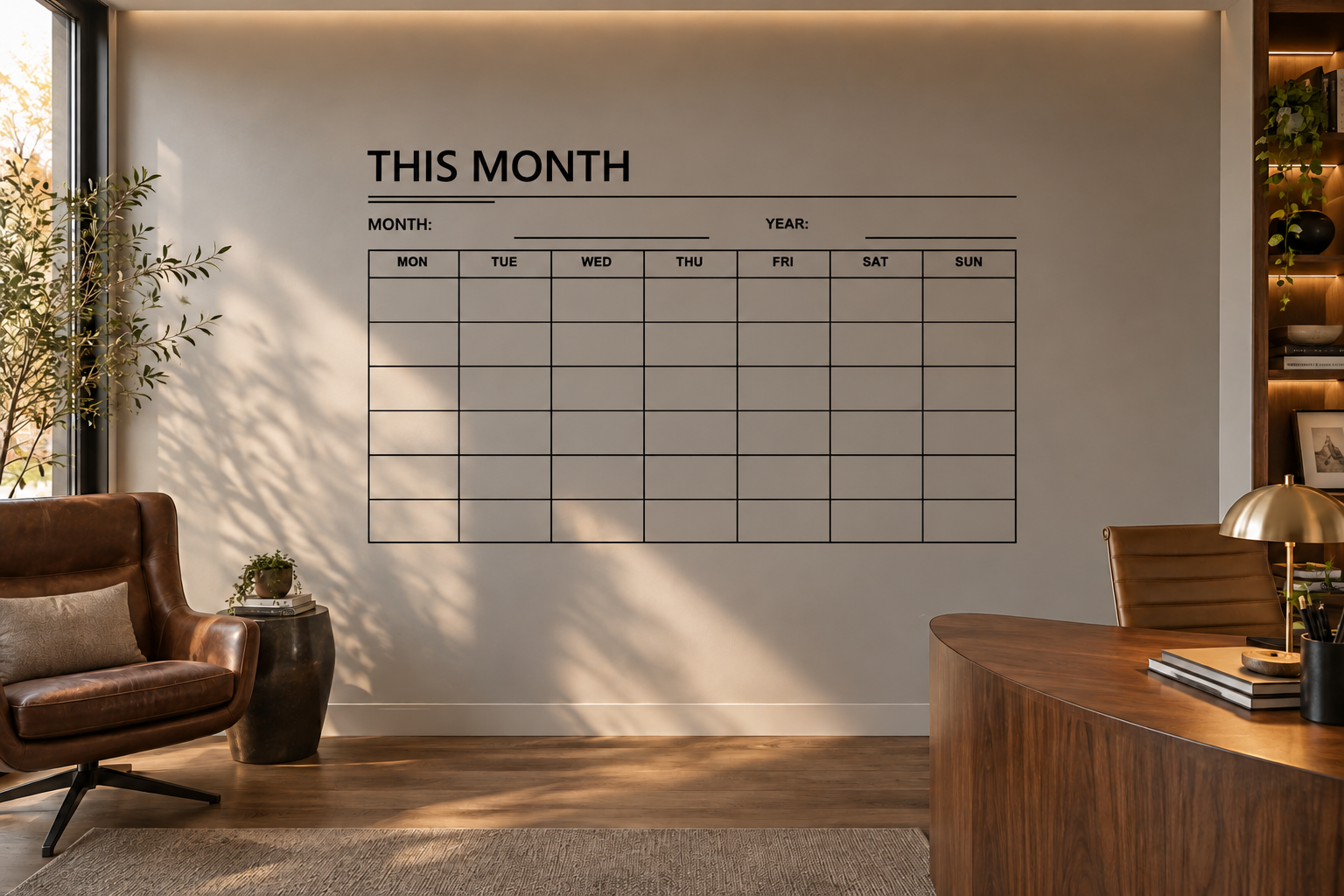 Vinyl calendar decal with 'THIS MONTH' header, date grid, and month/year lines