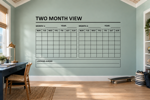 Two-month view vinyl calendar decal with two monthly grids and month/year lines