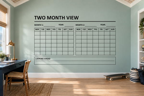 Two-month view vinyl calendar decal with two monthly grids and month/year lines
