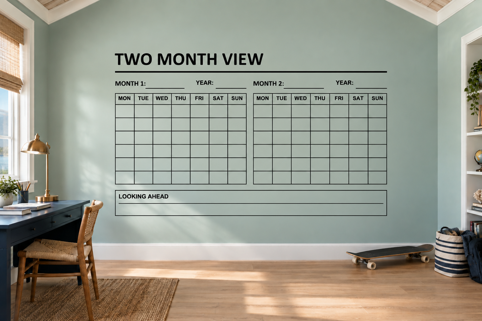 Two-month view vinyl calendar decal with two monthly grids and month/year lines