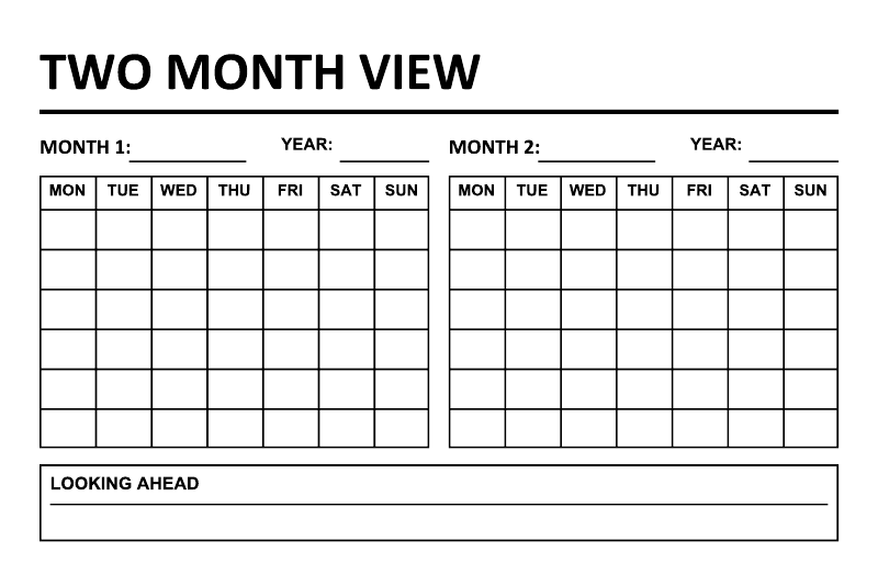 Two-month view vinyl calendar decal with two monthly grids, title, and looking ahead section