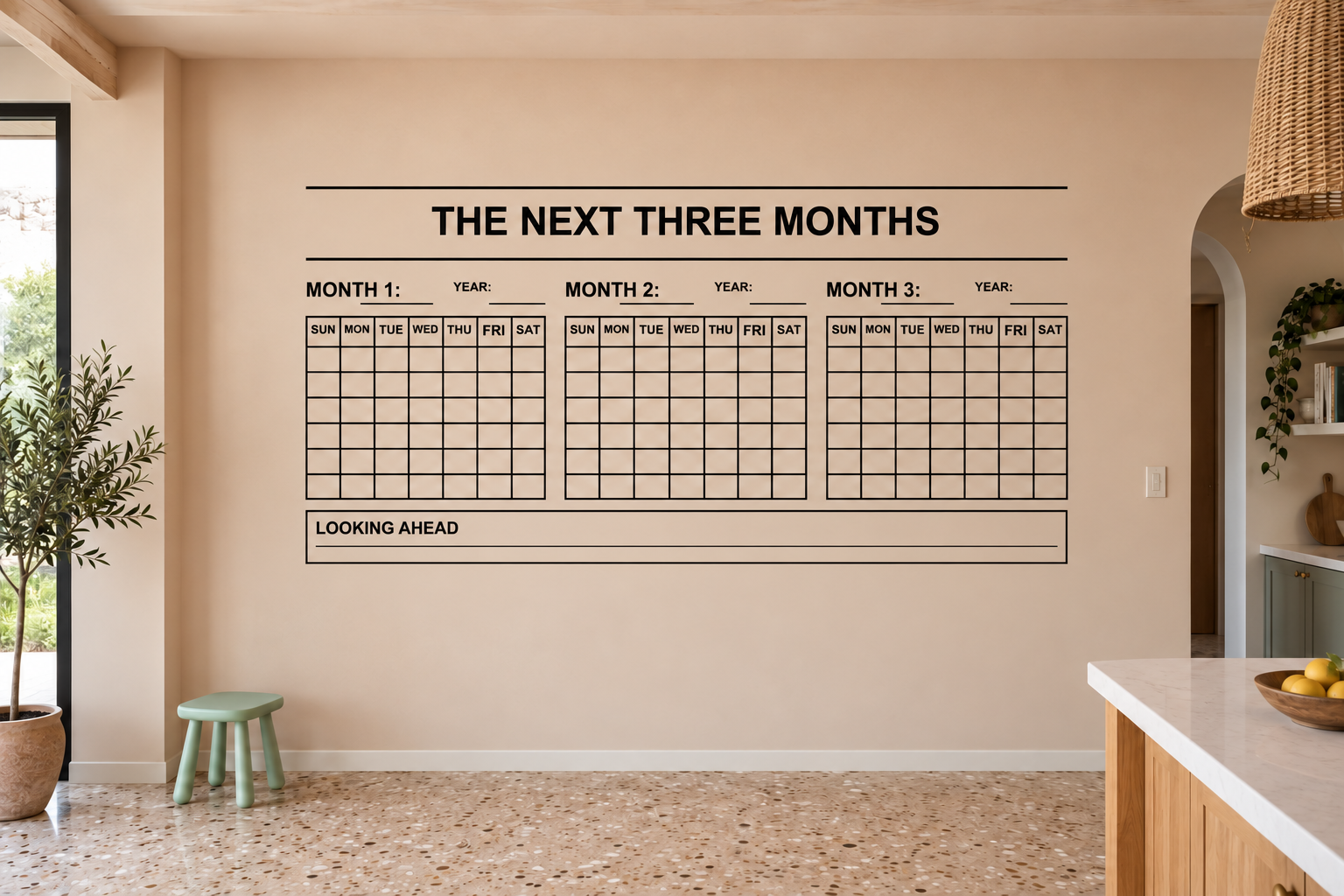 Three-month calendar vinyl decal with grid, headings, and Looking Ahead strip