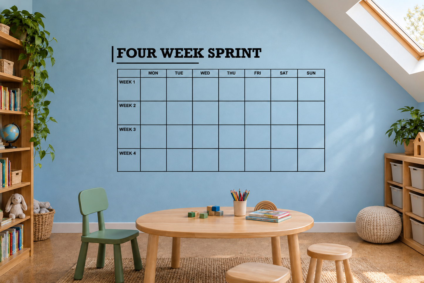 Wall vinyl calendar decal reading 'FOUR WEEK SPRINT' with 7-day, 4-week grid