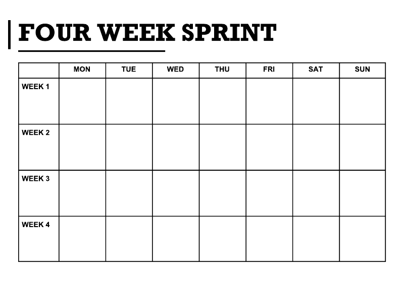 Close-up vinyl calendar decal: 'FOUR WEEK SPRINT' header and 4-week day grid