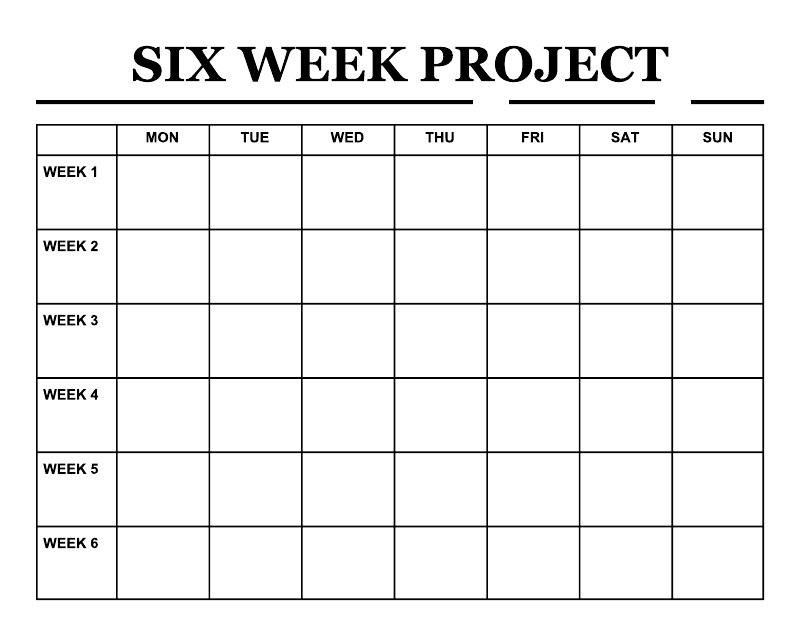 Six week project calendar vinyl decal with MON-SUN grid and WEEK 1–6 rows