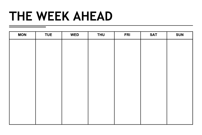 Close-up vinyl calendar decal with THE WEEK AHEAD text and Mon–Sun grid