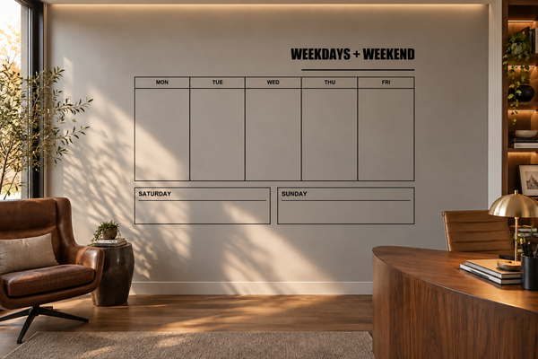 Vinyl wall decal calendar with weekdays/weekend boxes and title