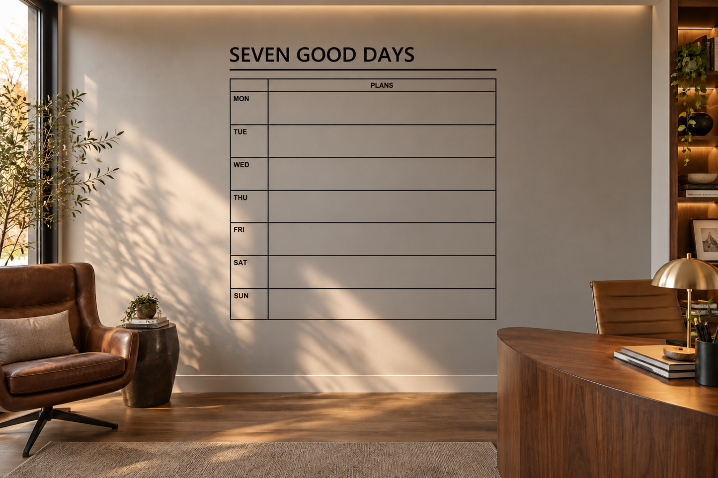 Seven Good Days vinyl wall decal calendar grid with days of week and plans boxes