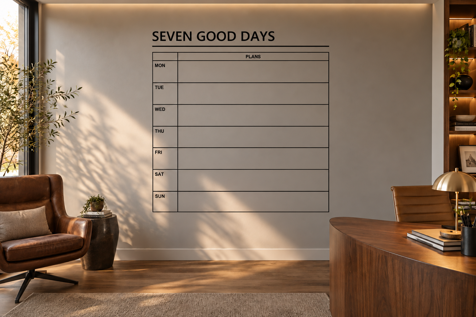 Seven Good Days vinyl wall decal calendar grid with days of week and plans boxes