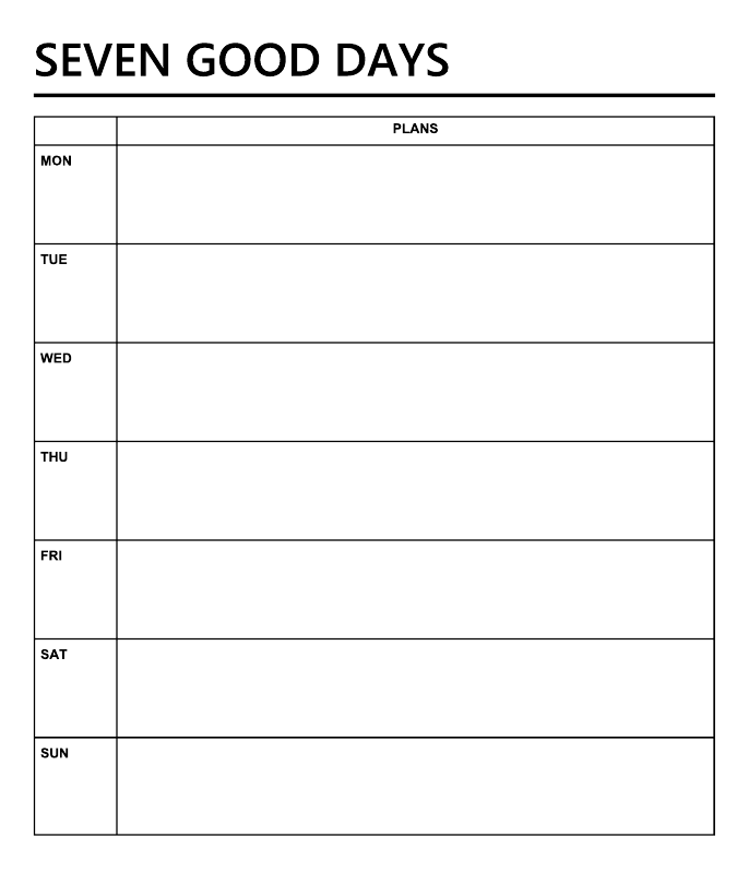 Seven Good Days wall decal calendar: header line and Monday–Sunday plans boxes