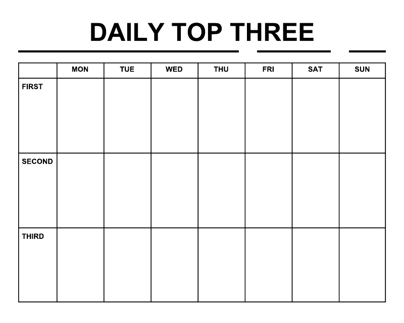 Vinyl calendar decal template with "DAILY TOP THREE" and blank Mon–Sun day boxes