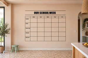 School week vinyl decal calendar grid with 'OUR SCHOOL WEEK' and weekday activity rows