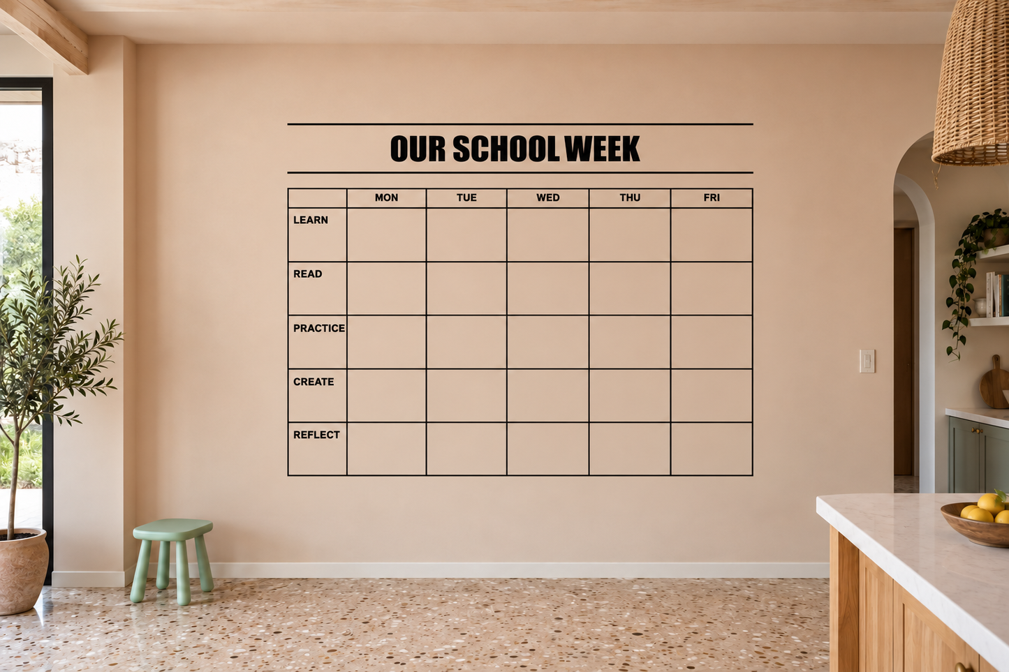 School week vinyl decal calendar grid with 'OUR SCHOOL WEEK' and weekday activity rows