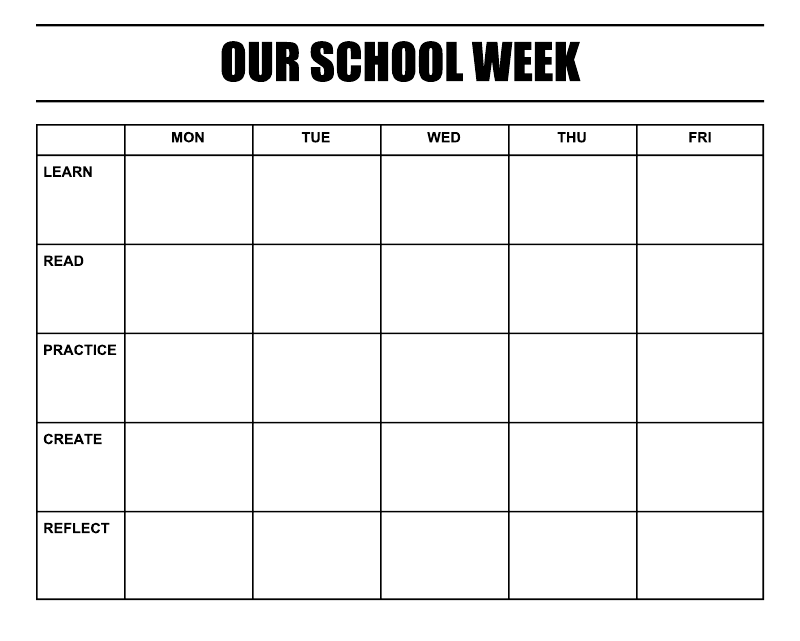 School week vinyl decal calendar grid with 'OUR SCHOOL WEEK' title, weekdays, Learn-Reflect rows