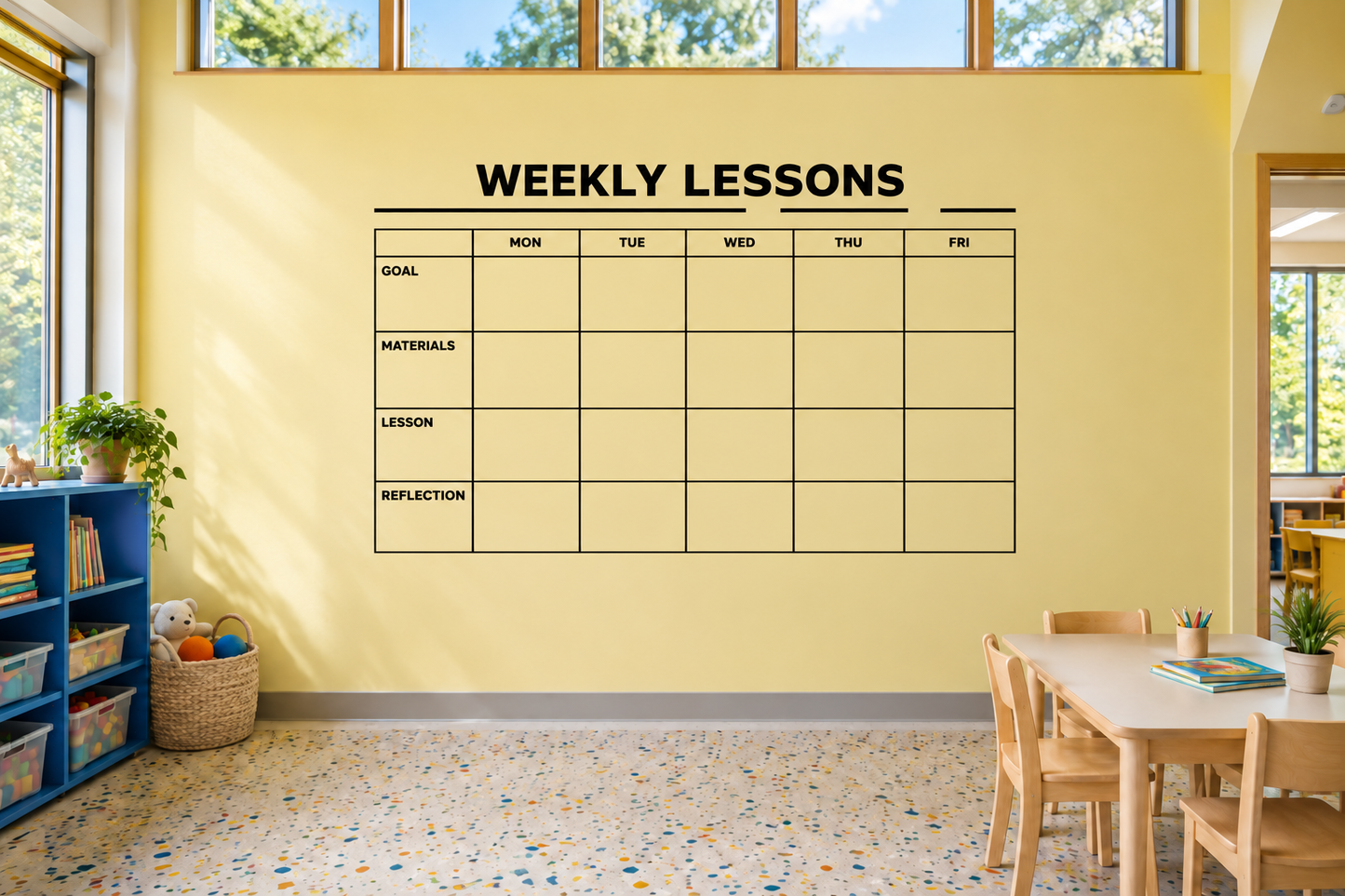 Weekly lessons vinyl decal with grid for Mon–Fri columns and goal, materials, lesson, reflection