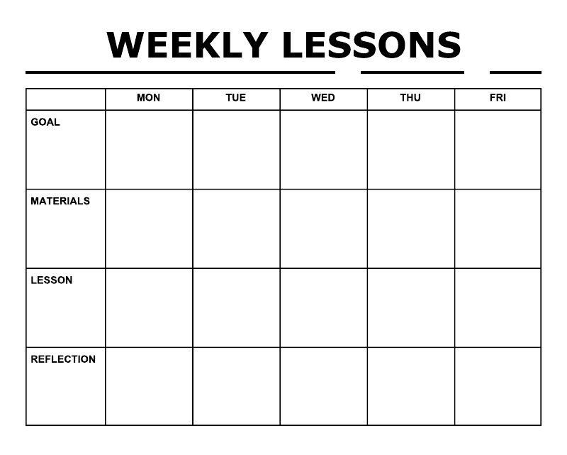 Weekly lessons decal with title and table for Mon–Fri goals, materials, lesson, reflection