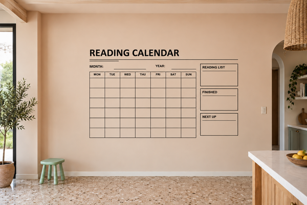 Reading calendar vinyl decal with month/year grid and reading list panels: Finished, Next up