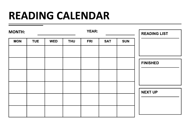 Reading calendar decal close-up with weekly grid, reading list, Finished, Next up boxes