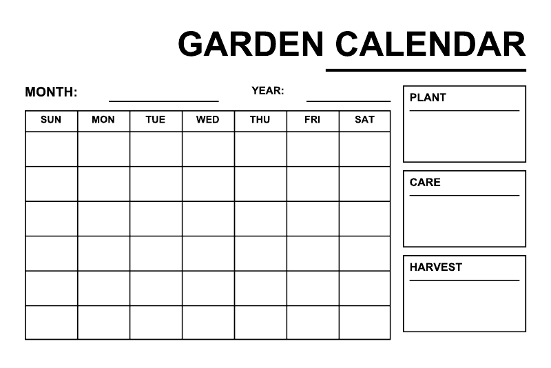 Garden calendar wall vinyl decal, text header, month/year lines, plant care & harvest boxes